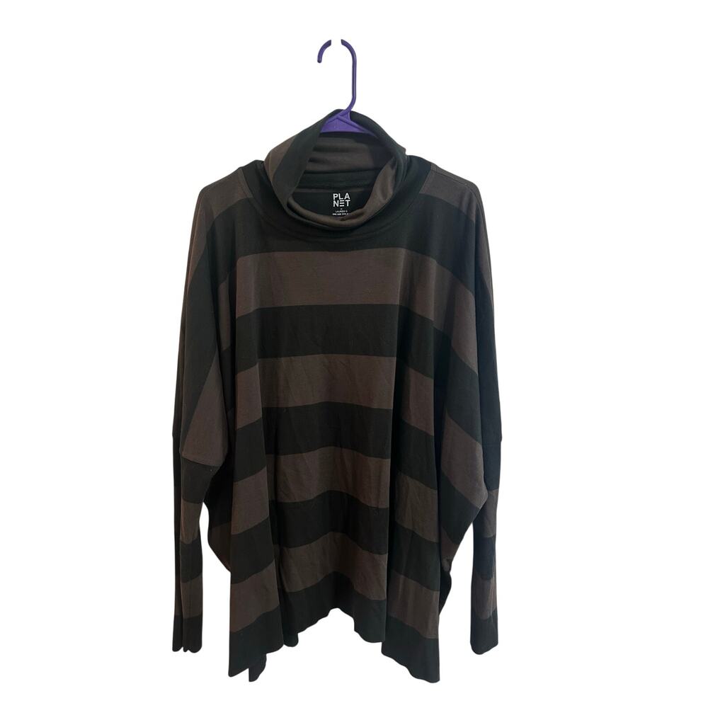 Planet By Lauren G 100% Cotton Longsleeve Mockneck Top Striped One Size Nice!